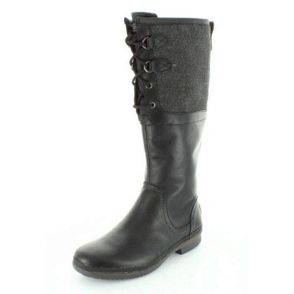 UGG Sz 7 Elsa Waxed Leather Wool Waterproof Riding Boots Lace Up Zipper Black - Picture 1 of 4